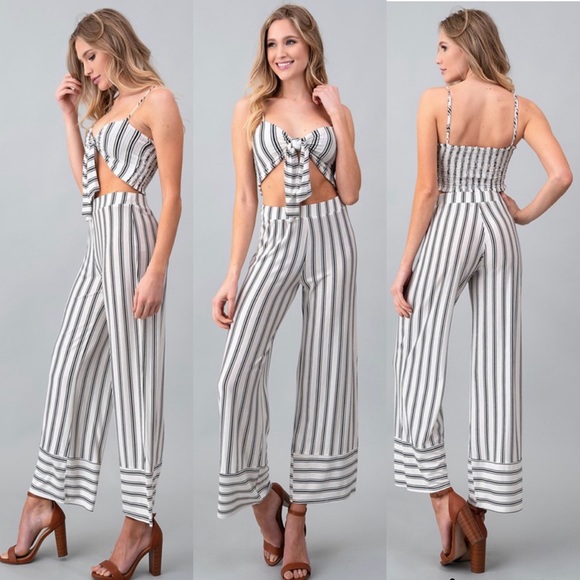 Tops - Staci Striped Tie Top and Flare Pants Set In White